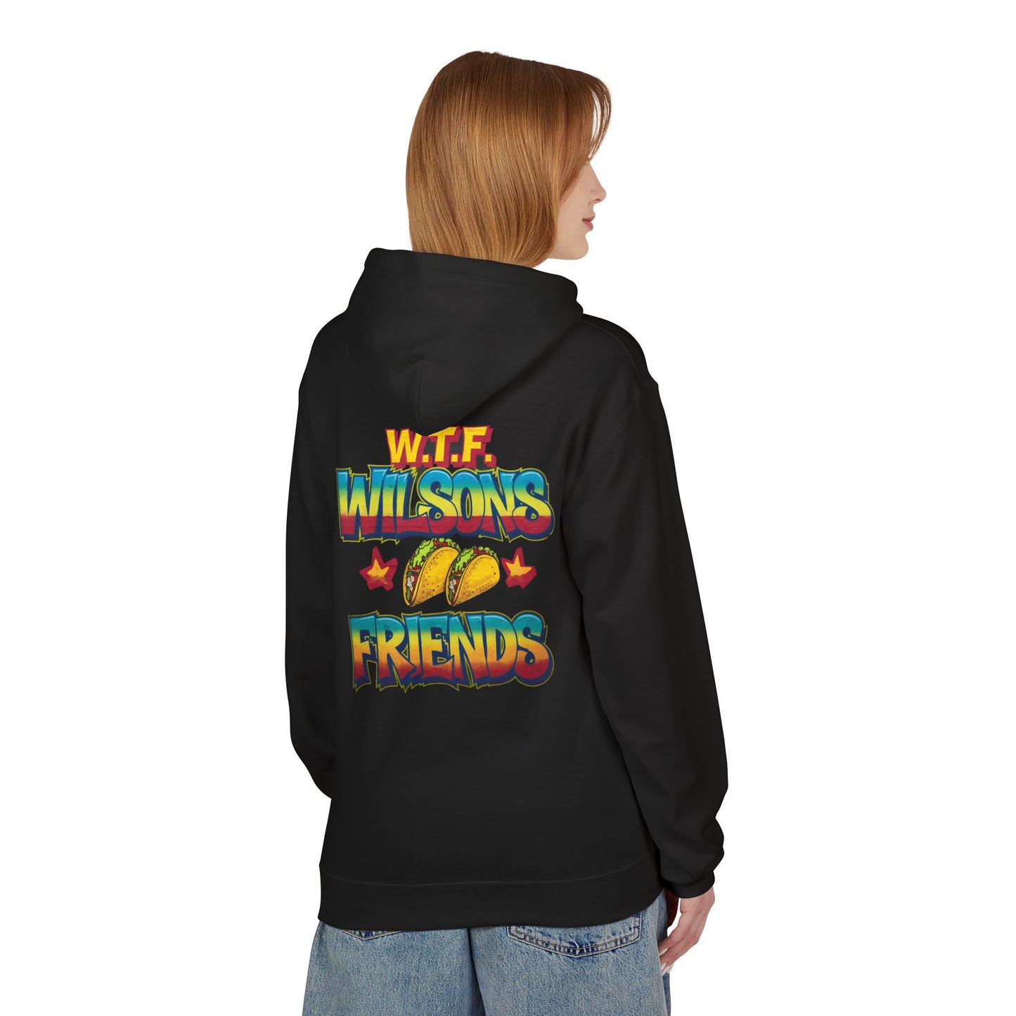 WTF Wilsons Tacos Friends on Back - Midweight Fleece Hoodie for Casual Wear